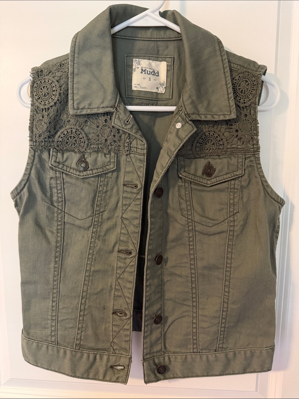Mudd Olive Crochet-Yoke Denim Vest